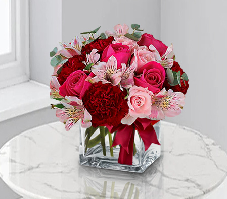 Simply Charming-Mixed,Pink,Red,Alstroemeria,Carnation,Mixed Flower,Rose,Arrangement
