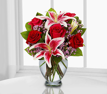 Duet Notes - Stargazer Lilies & Red Roses-Pink,Red,Lily,Rose,Arrangement