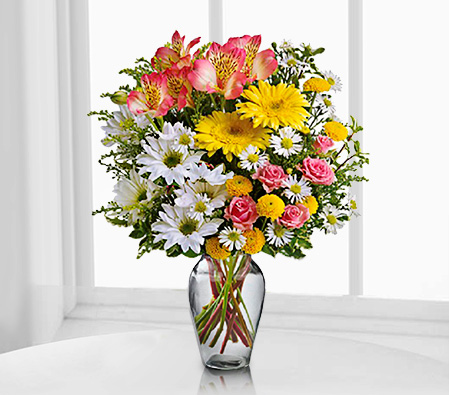Majestic Birthday Flowers-Mixed,Pink,White,Yellow,Carnation,Chrysanthemum,Daisy,Lily,Mixed Flower,Arrangement
