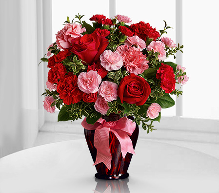 Hugs And Kisses-Pink,Red,Carnation,Rose,Arrangement,Bouquet