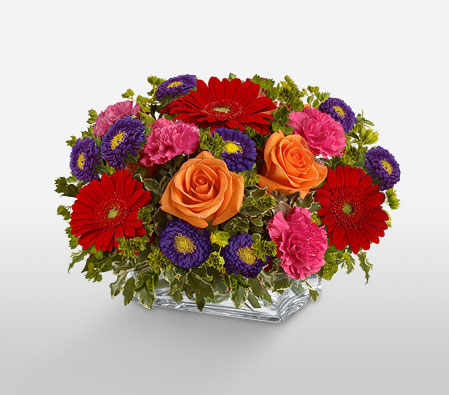 Multiple Hues-Orange,Pink,Red,Carnation,Chrysanthemum,Daisy,Gerbera,Mixed Flower,Rose,Arrangement