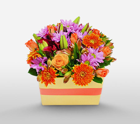Razzmatazz-Mixed,Orange,Purple,Rose,Mixed Flower,Lily,Gerbera,Chrysanthemum,Arrangement