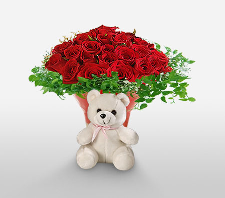 Rosy Hugs-Red,Rose,Teddy,Arrangement