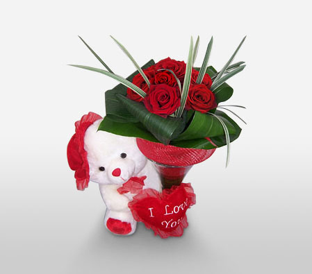 Hearts Desire-Red,Rose,Teddy,Bouquet