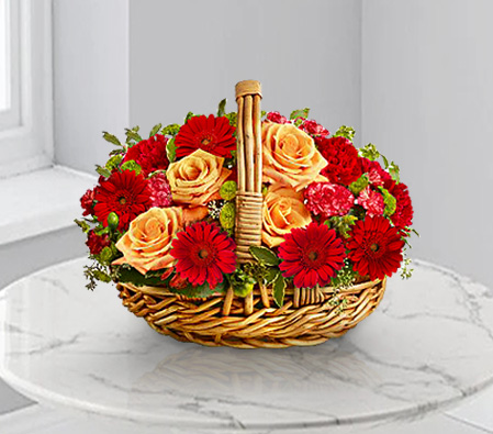 Warm Glow-Mixed,Orange,Red,Carnation,Gerbera,Mixed Flower,Rose,Arrangement,Basket