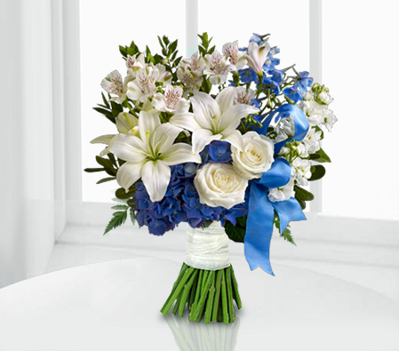 Alluring White Mixed Flowers-Blue,White,Alstroemeria,Lily,Mixed Flower,Rose,Bouquet