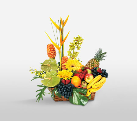 Irresistible Temptation-Orange,Yellow,Anthuriums,Birds of Paradise,Daisy,Fruit,Gerbera,Basket
