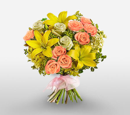 Delightful Lilies And Roses-Peach,White,Yellow,Lily,Rose,Bouquet