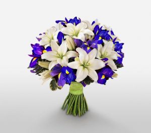 Blue Irises And White Lilies Wedding Bouquet