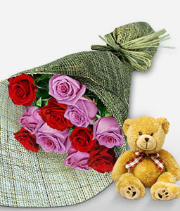 Red & Lilac Roses <Br><span>12 Roses & Free Teddy </span>