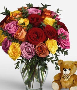 Marvel 24 Assorted Roses <Br><span>Free Teddy Bear </span>