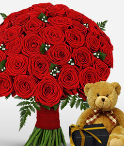 Red Roses With Teddy & Chocolates