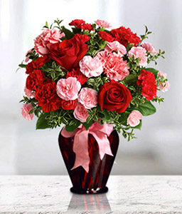 Hugs And Kisses<Br><span>Carnations and Roses in Vase</span>