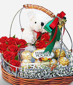 Romantic Gift - Red Roses, Teddy and Chocolates