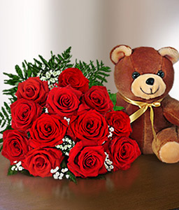 Red Cuddles <span>Sale $10 Off - One Dozen Roses & Teddy </span>