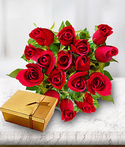 Elegant Wishes - Dozen Red Roses & Chocolate