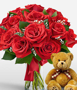 Lady In Red <Br><span>One Dozen Red Roses & Free Teddy Bear </span>