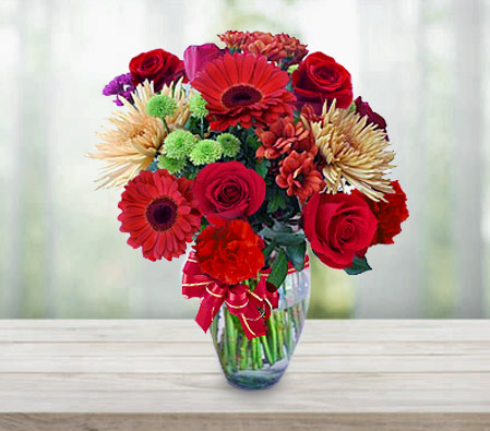 Anniversary Flowers-Green,Mixed,Red,Yellow,Rose,Mixed Flower,Gerbera,Daisy,Chrysanthemum,Bouquet