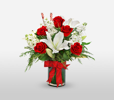 Festive Holiday Arrangement-Red,White,Lily,Rose,Arrangement