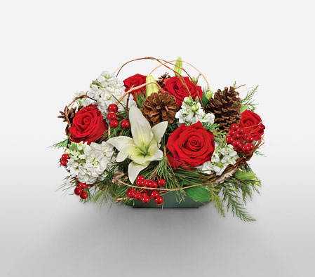 Holiday Wishes-Green,Red,White,Lily,Rose,Centerpiece,Arrangement,Basket