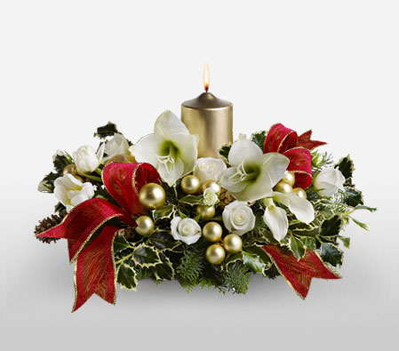 Gilded Christmas Centerpiece-Mixed,White,Lily,Mixed Flower,Rose,Candle,Centerpiece,Arrangement