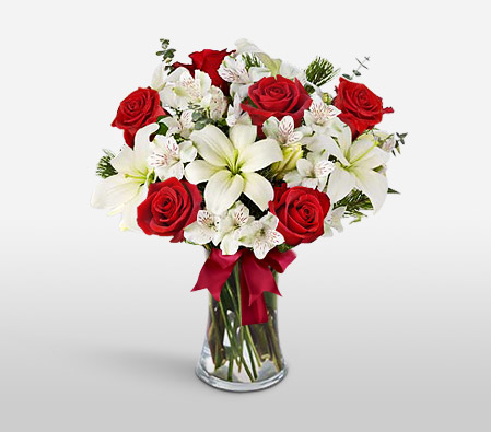 Festive Holiday Arrangement-Mixed,Red,White,Lily,Mixed Flower,Rose,Bouquet