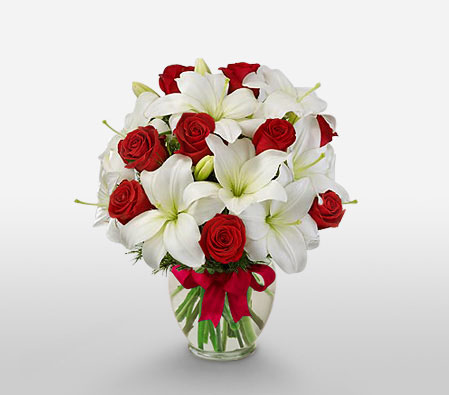 Festive Holiday Arrangement-Red,White,Lily,Rose,Arrangement