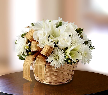 Ivory White-White,Chrysanthemum,Lily,Arrangement,Basket