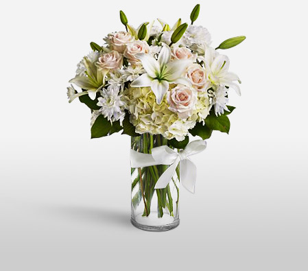 Condolence Flowers-Mixed,White,Hydrangea,Lily,Mixed Flower,Rose,Arrangement,Bouquet