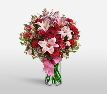 Blushing Blooms-Mixed,Pink,Red,Lily,Rose,Bouquet