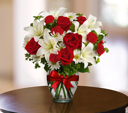 Rubies And Diamonds-Red,White,Mixed Flower,Lily,Carnation,Rose,Arrangement