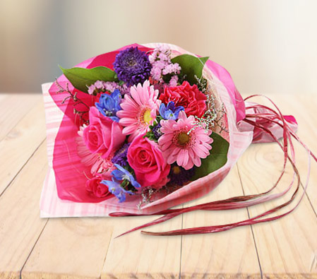 Pink And Blue Fleurs-Blue,Pink,Purple,Daisy,Gerbera,Rose,Bouquet