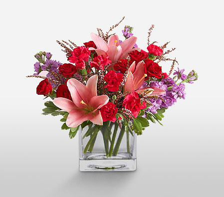 Delightful Roses And Carnations-Mixed,Pink,Red,Carnation,Lily,Mixed Flower,Rose,Arrangement