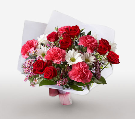 Ruby Bouquet-Mixed,Pink,Red,White,Mixed Flower,Daisy,Carnation,Rose,Bouquet