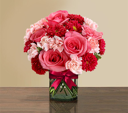 Happy Blooms-Mixed,Pink,Red,Carnation,Mixed Flower,Rose,Arrangement