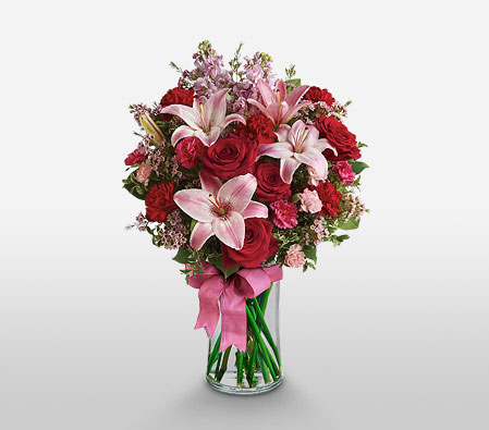 Starlit Scarlet-Pink,Red,Carnation,Lily,Mixed Flower,Rose,Arrangement