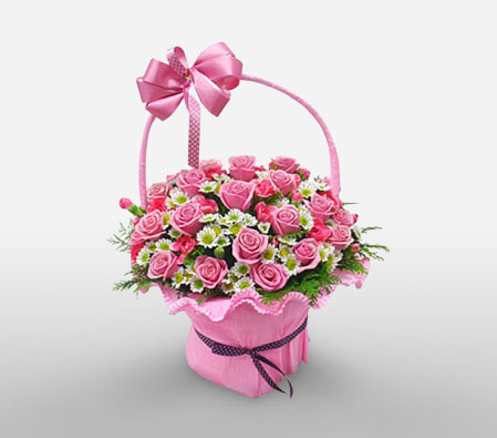 2 Dozen Pink Roses In Basket-Pink,White,Carnation,Rose,Basket