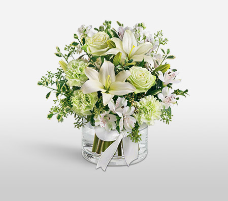 Silver Bells-Green,White,Alstroemeria,Carnation,Lily,Mixed Flower,Rose,Arrangement
