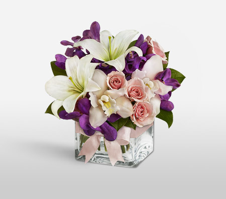 Graceful Blossoms-Mixed,Purple,White,Carnation,Mixed Flower,Orchid,Rose,Arrangement