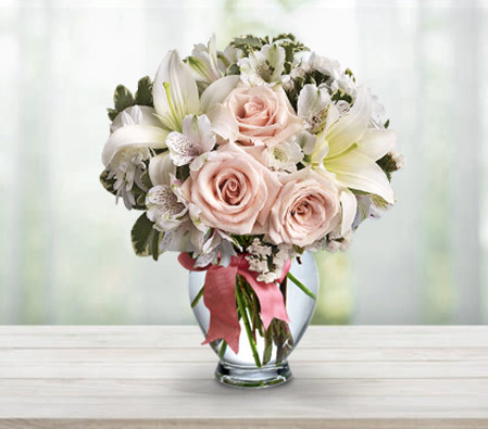 Sugar Cube-Pink,White,Rose,Lily,Alstroemeria,Bouquet