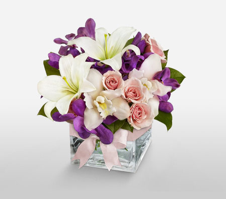 Blooming Elegance-Mixed,Pink,Purple,White,Rose,Orchid,Mixed Flower,Lily,Arrangement