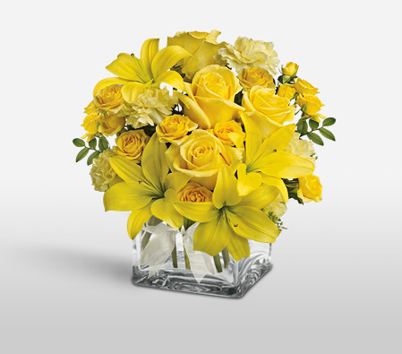 Yellow Blossoms-Yellow,Carnation,Lily,Rose,Arrangement