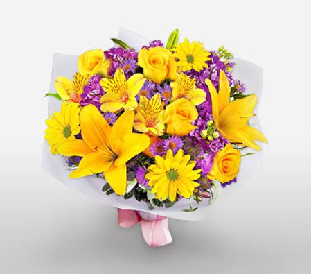 Star Gazer-Purple,Violet,Yellow,Chrysanthemum,Daisy,Hydrangea,Lily,Mixed Flower,Bouquet