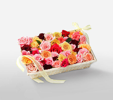 Bed Of Roses-Mixed,Peach,Pink,Red,Yellow,Rose,Arrangement,Basket