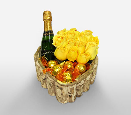 Caramel Love-Yellow,Chocolate,Rose,Wine,Arrangement,Basket,Hamper
