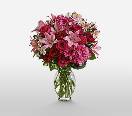 Cerise Medley-Pink,Alstroemeria,Hydrangea,Lily,Rose,Arrangement
