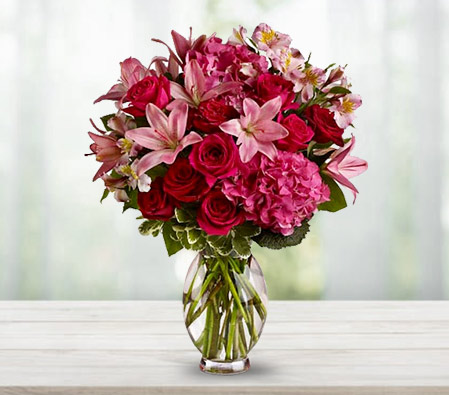 Mixed Flowers Arrangement-Pink,Red,Alstroemeria,Hydrangea,Lily,Rose,Arrangement
