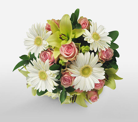 Tranquility-Green,Mixed,Pink,White,Daisy,Gerbera,Lily,Mixed Flower,Rose,Bouquet