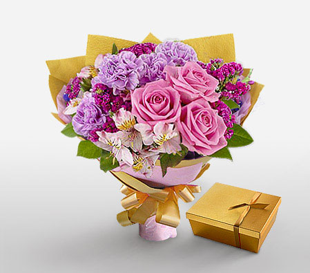 Carnegie-Lavender,Mixed,Pink,Purple,White,Alstroemeria,Carnation,Chocolate,Rose,Bouquet