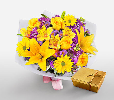Bright Hues-Mixed,Purple,Yellow,Chocolate,Daisy,Hydrangea,Lily,Mixed Flower,Rose,Bouquet